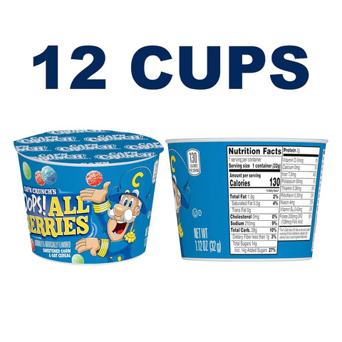 Cap'n Crunch Breakfast Cereal, Oops All berries, 1.12 Oz Individual Cups (12 Pack)