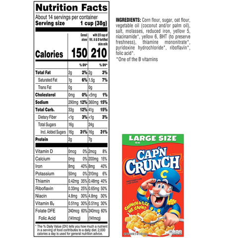 Cap'n Crunch Cereal, Original, 18 oz Large Size Boxes (4 Pack)
