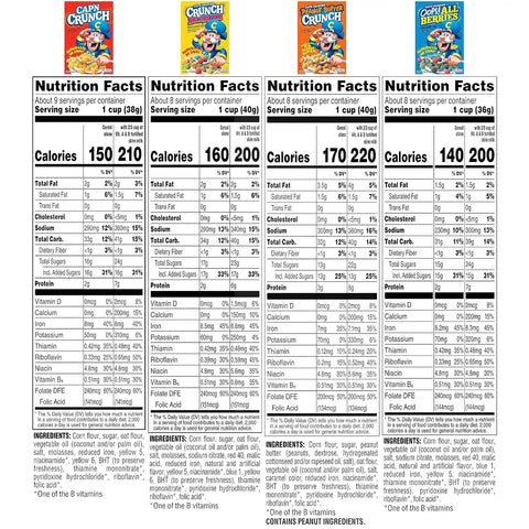 Quaker Cap'n Crunch Breakfast Cereal, 4 Flavor Variety Pack, (4 Pack), Sweetened Corn & Oat Cereal Original, Crunch Berries, Oops All Berries, Peanut Butter