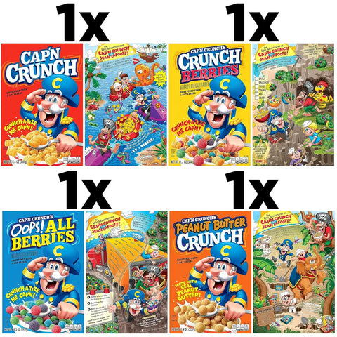 Quaker Cap'n Crunch Breakfast Cereal, 4 Flavor Variety Pack, (4 Pack), Sweetened Corn & Oat Cereal Original, Crunch Berries, Oops All Berries, Peanut Butter